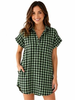 J. Crew Green and Black Gingham Short Sleeve Shift Dress